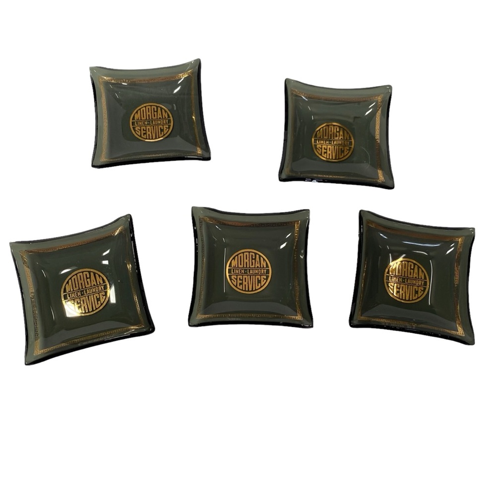 Vintage Ashtray Set Advertising Smoked Glass Gold Morgan Laundry Linen Service
